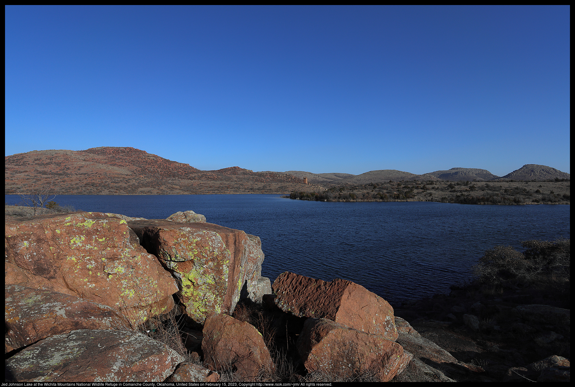 Jed Johnson Lake at the Wichita Mountains National Wildlife Refuge in Comanche County, Oklahoma, United States on February 15, 2023