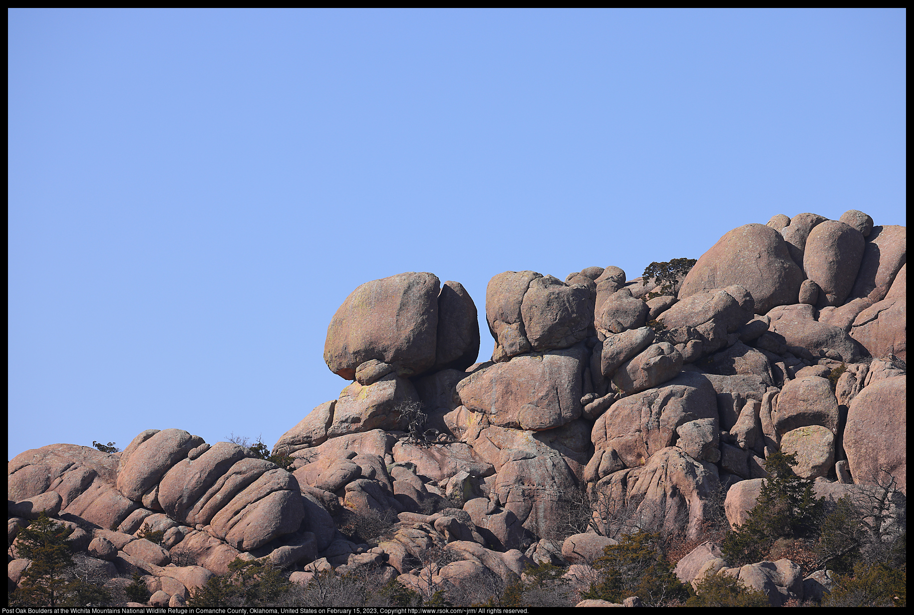 Post Oak Boulders at the Wichita Mountains National Wildlife Refuge in Comanche County, Oklahoma, United States on February 15, 2023