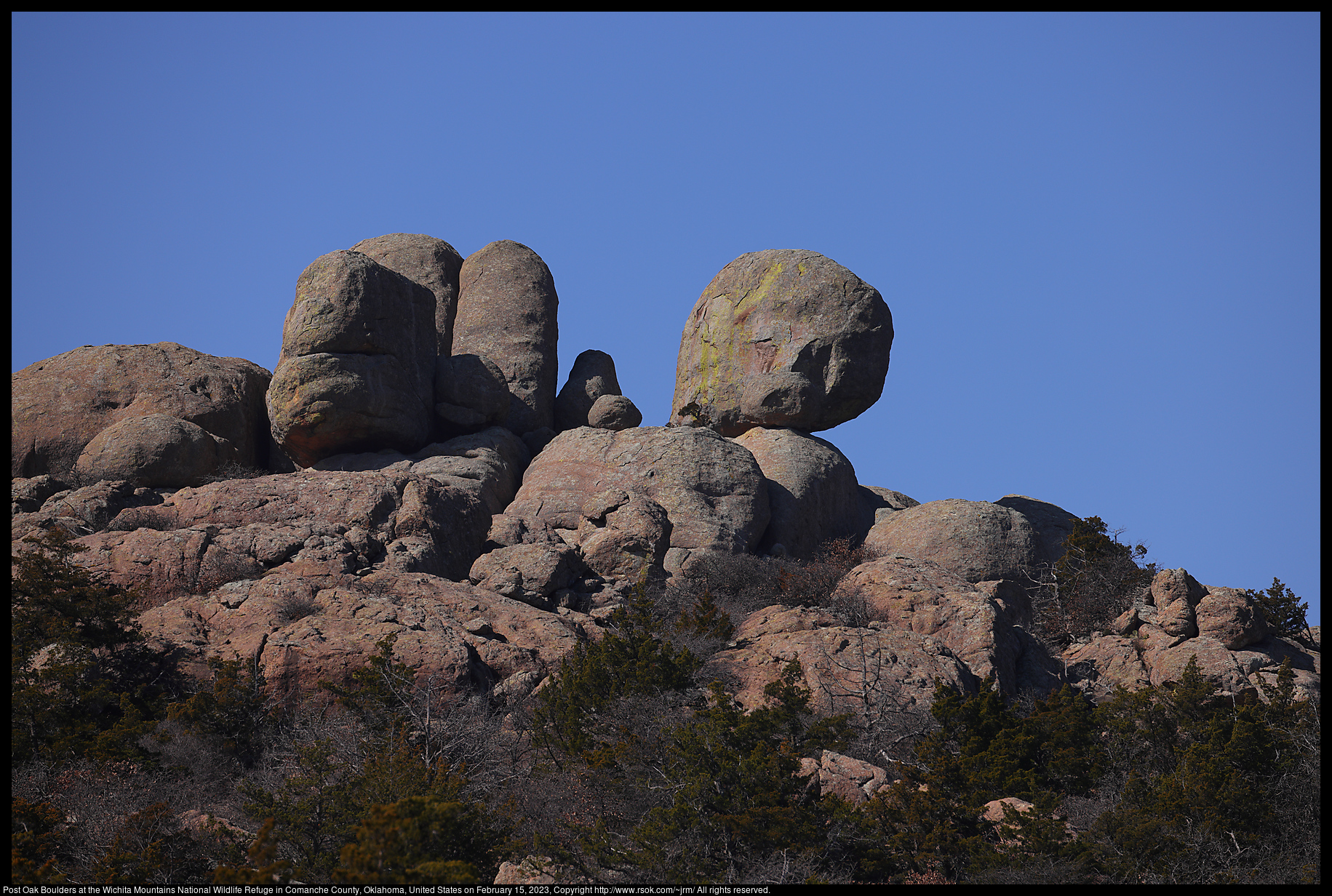 Post Oak Boulders at the Wichita Mountains National Wildlife Refuge in Comanche County, Oklahoma, United States on February 15, 2023